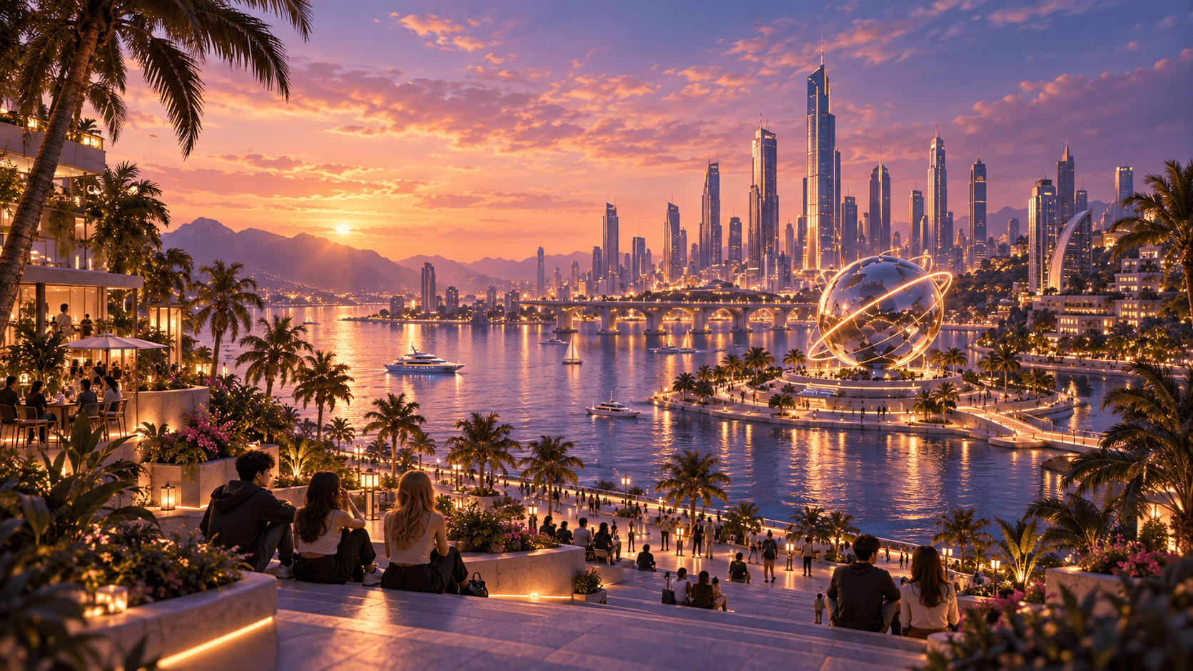 Friends overlooking a futuristic waterfront city with a glowing orbital sculpture at sunset